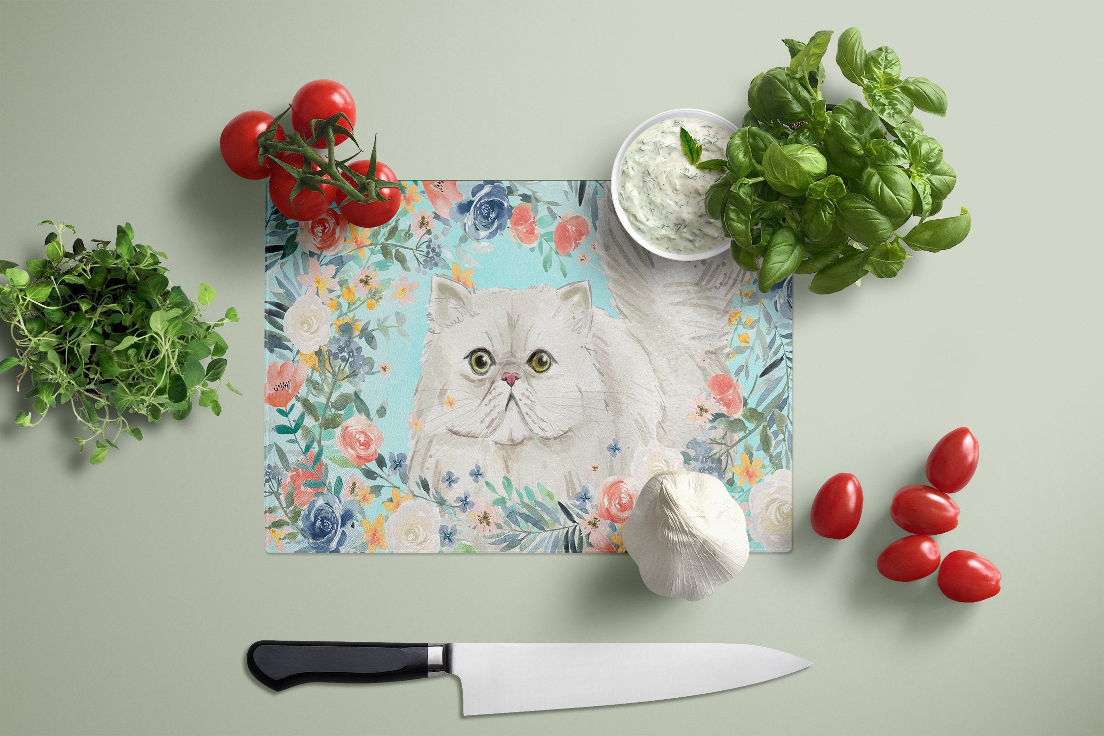 Persian Spring Flowers Cutting Board Tempered Glass Kitchen Cutting Surface, Heat Resistant Chopping, Non-Slip Feet, Food Prep & Serving