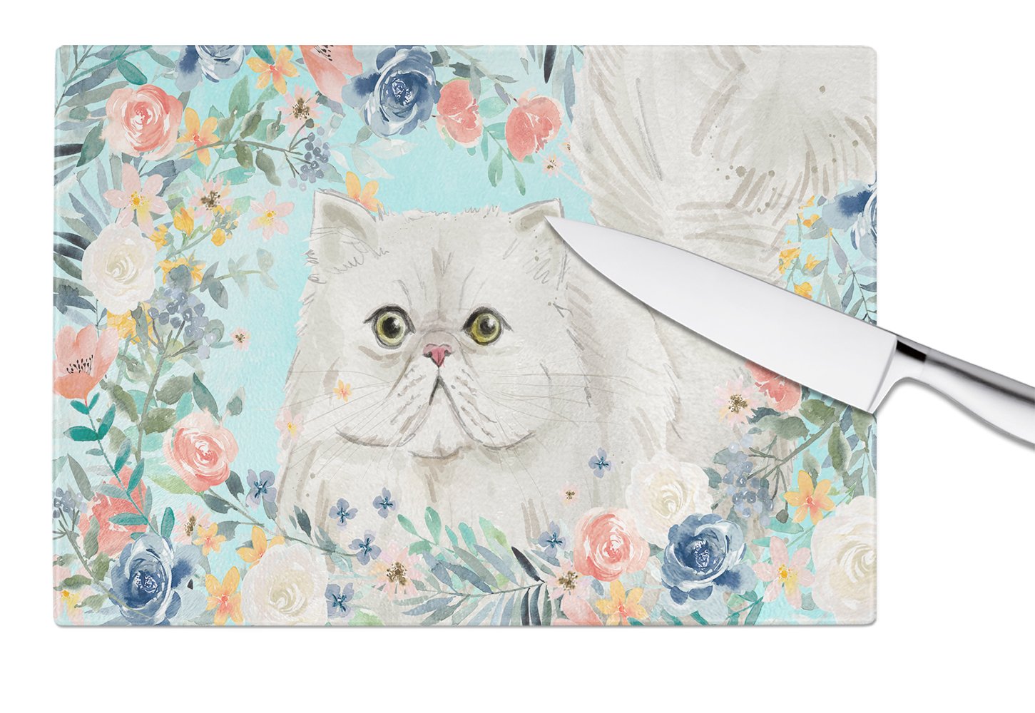 Persian Spring Flowers Cutting Board Tempered Glass Kitchen Cutting Surface, Heat Resistant Chopping, Non-Slip Feet, Food Prep & Serving