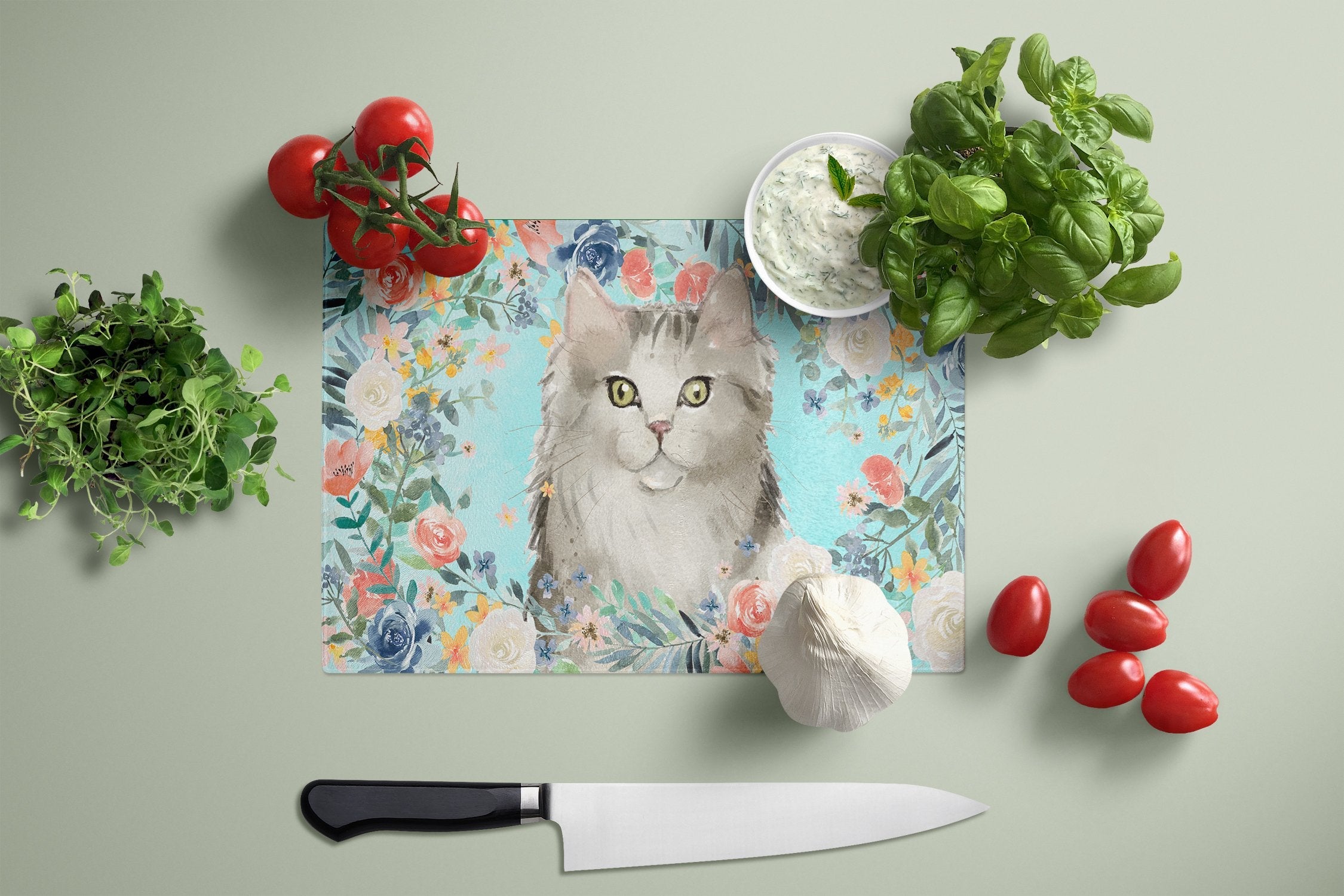 Ragamuffin Spring Flowers Cutting Board Tempered Glass Kitchen Cutting Surface, Heat Resistant Chopping, Non-Slip Feet, Food Prep & Serving