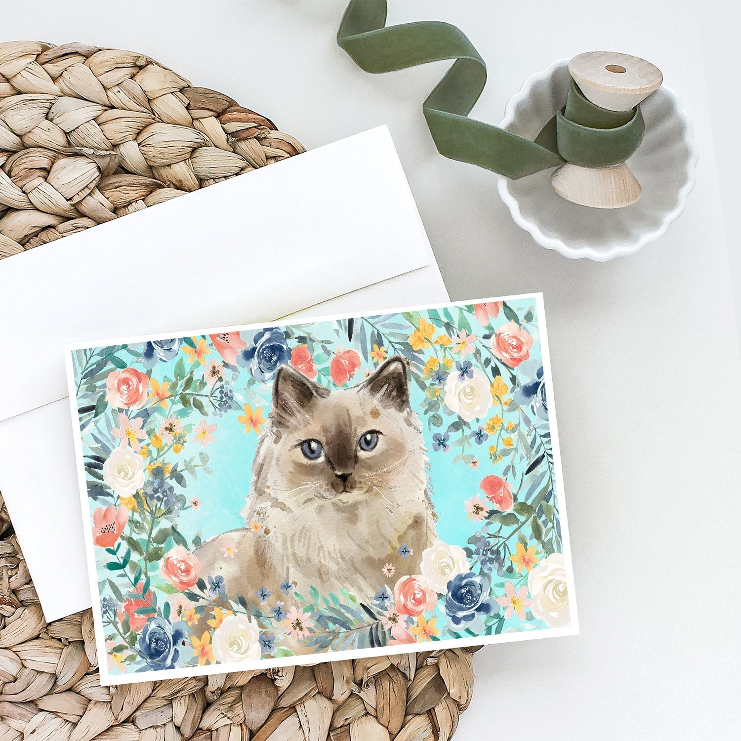 Ragdoll Spring Flowers Greeting Cards Pack of 8 Blank Cards with Envelopes Whimsical A7 Size 5x7