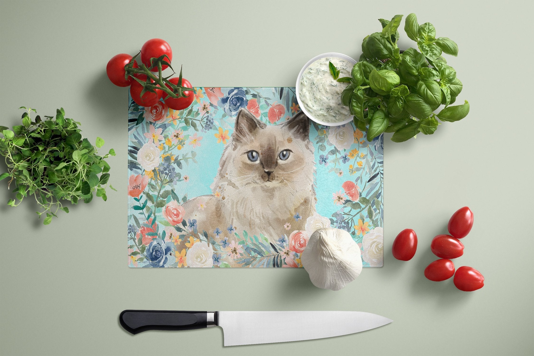 Ragdoll Spring Flowers Cutting Board Tempered Glass Kitchen Cutting Surface, Heat Resistant Chopping, Non-Slip Feet, Food Prep & Serving