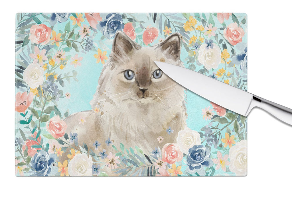 Ragdoll Spring Flowers Cutting Board Tempered Glass Kitchen Cutting Surface, Heat Resistant Chopping, Non-Slip Feet, Food Prep & Serving