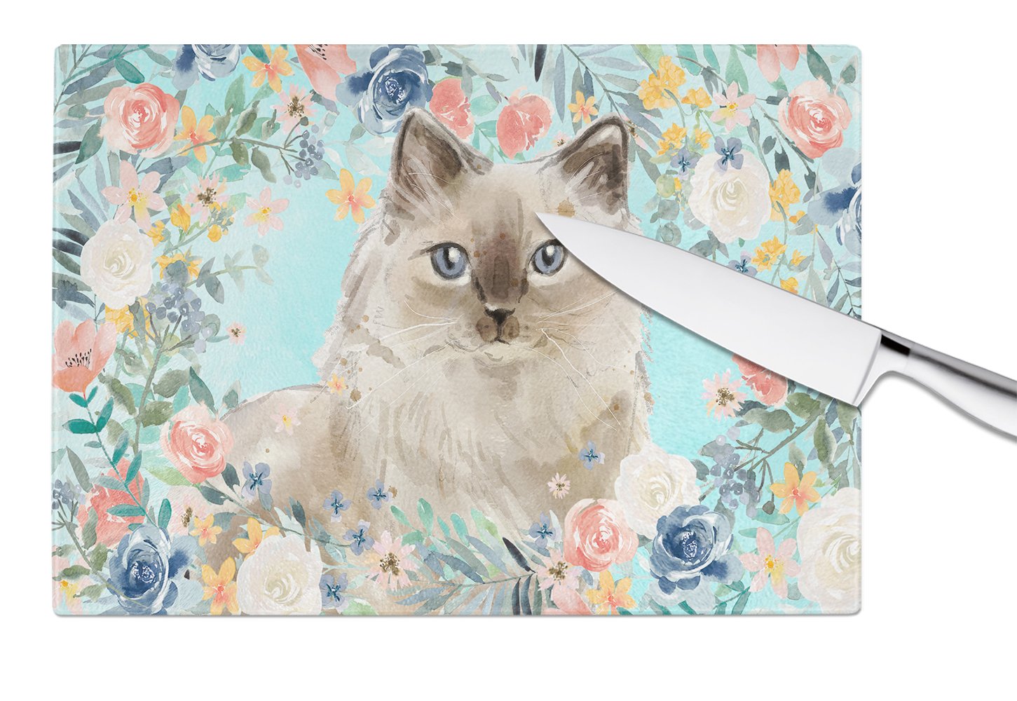 Ragdoll Spring Flowers Cutting Board Tempered Glass Kitchen Cutting Surface, Heat Resistant Chopping, Non-Slip Feet, Food Prep & Serving