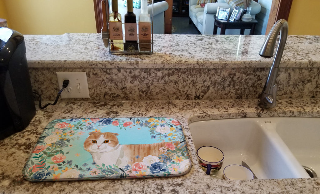 Scottish Fold Spring Flowers Dish Drying Mat Absorbent Dish Drying Mat Pad for Kitchen Counter Dish Drainer Mat for Countertop, 14 x 21", Multicolor