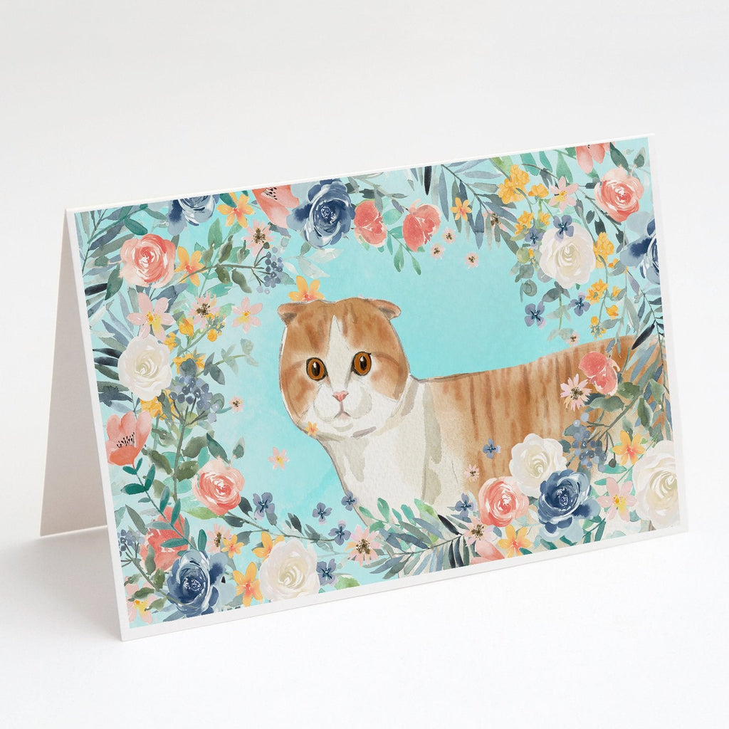 Scottish Fold Spring Flowers Greeting Cards Pack of 8 Blank Cards with Envelopes Whimsical A7 Size 5x7