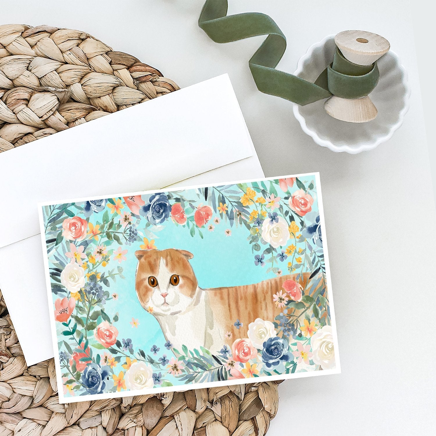Scottish Fold Spring Flowers Greeting Cards Pack of 8 Blank Cards with Envelopes Whimsical A7 Size 5x7