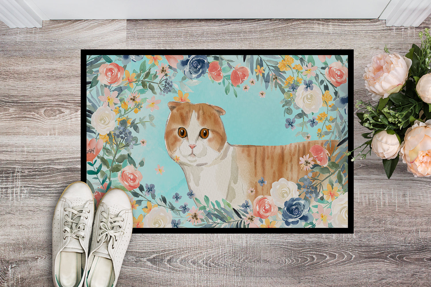 Scottish Fold Spring Flowers Doormat Indoor Outdoor 24H X 36W Front Door Mat Rugs for Entryway, Non Slip Washable Low Pile,