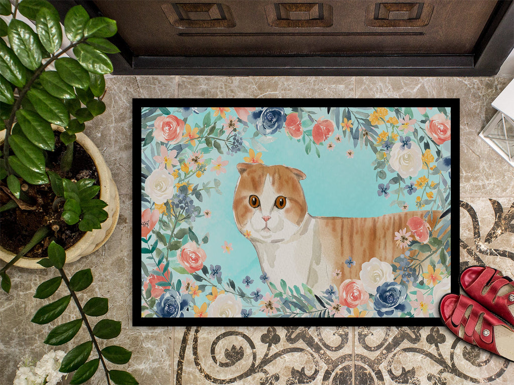 Scottish Fold Spring Flowers Doormat Indoor Outdoor 24H X 36W Front Door Mat Rugs for Entryway, Non Slip Washable Low Pile,