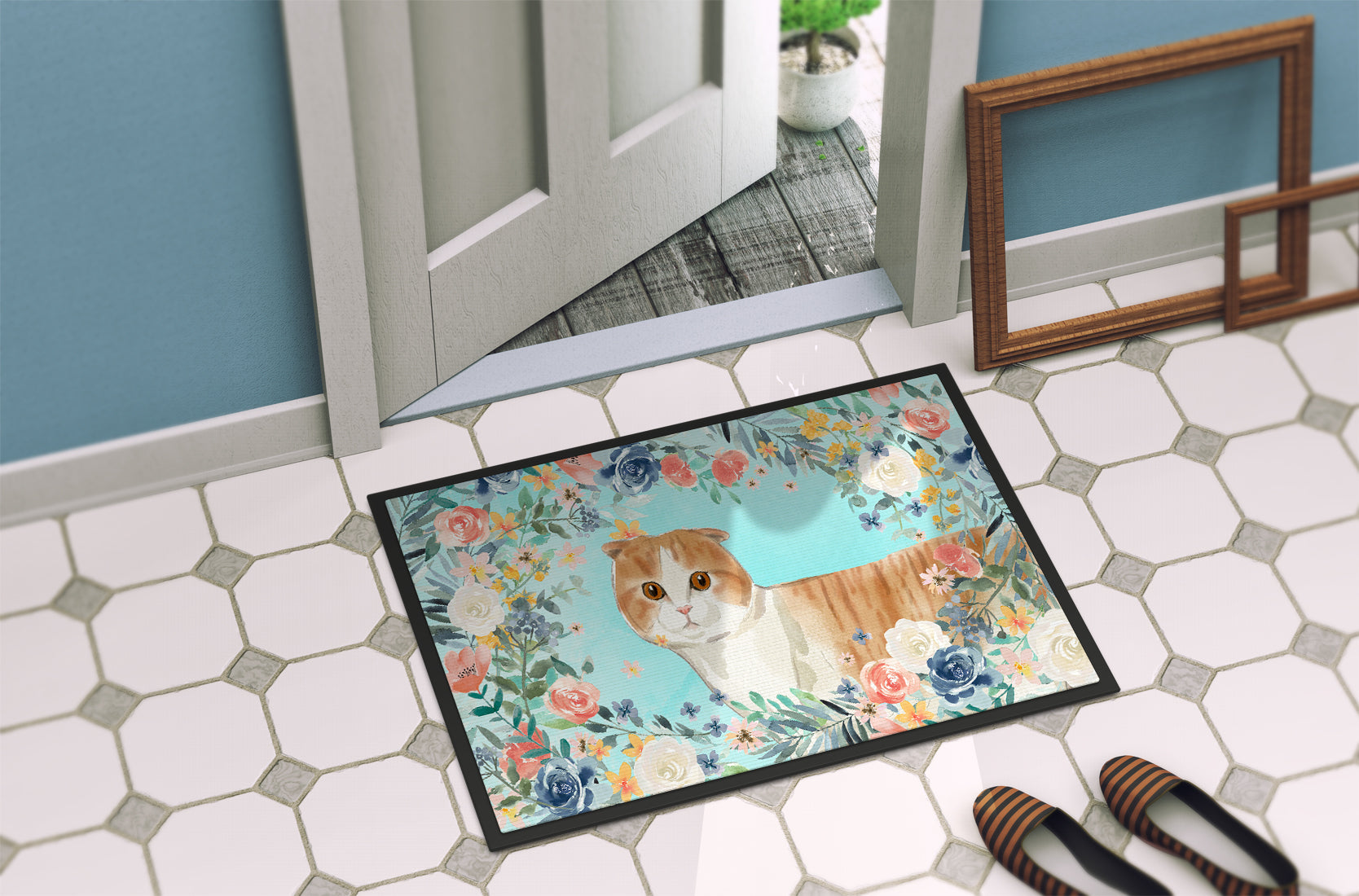 Scottish Fold Spring Flowers Doormat Indoor Outdoor 24H X 36W Front Door Mat Rugs for Entryway, Non Slip Washable Low Pile,