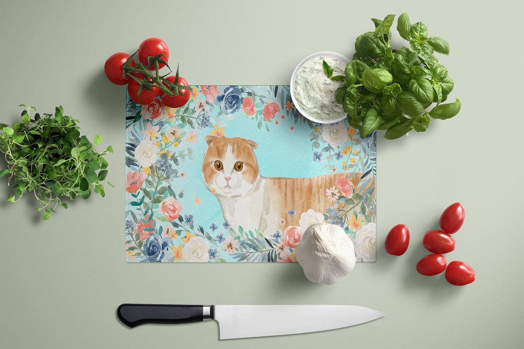 Scottish Fold Spring Flowers Cutting Board Tempered Glass Kitchen Cutting Surface, Heat Resistant Chopping, Non-Slip Feet, Food Prep & Serving