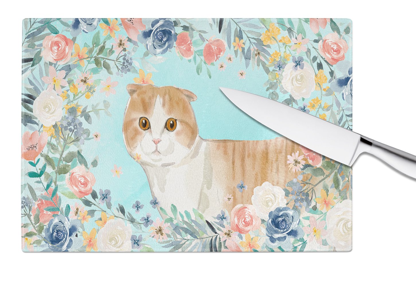 Scottish Fold Spring Flowers Cutting Board Tempered Glass Kitchen Cutting Surface, Heat Resistant Chopping, Non-Slip Feet, Food Prep & Serving