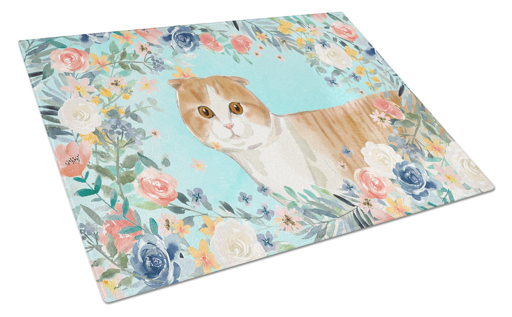 Scottish Fold Spring Flowers Cutting Board Tempered Glass Kitchen Cutting Surface, Heat Resistant Chopping, Non-Slip Feet, Food Prep & Serving