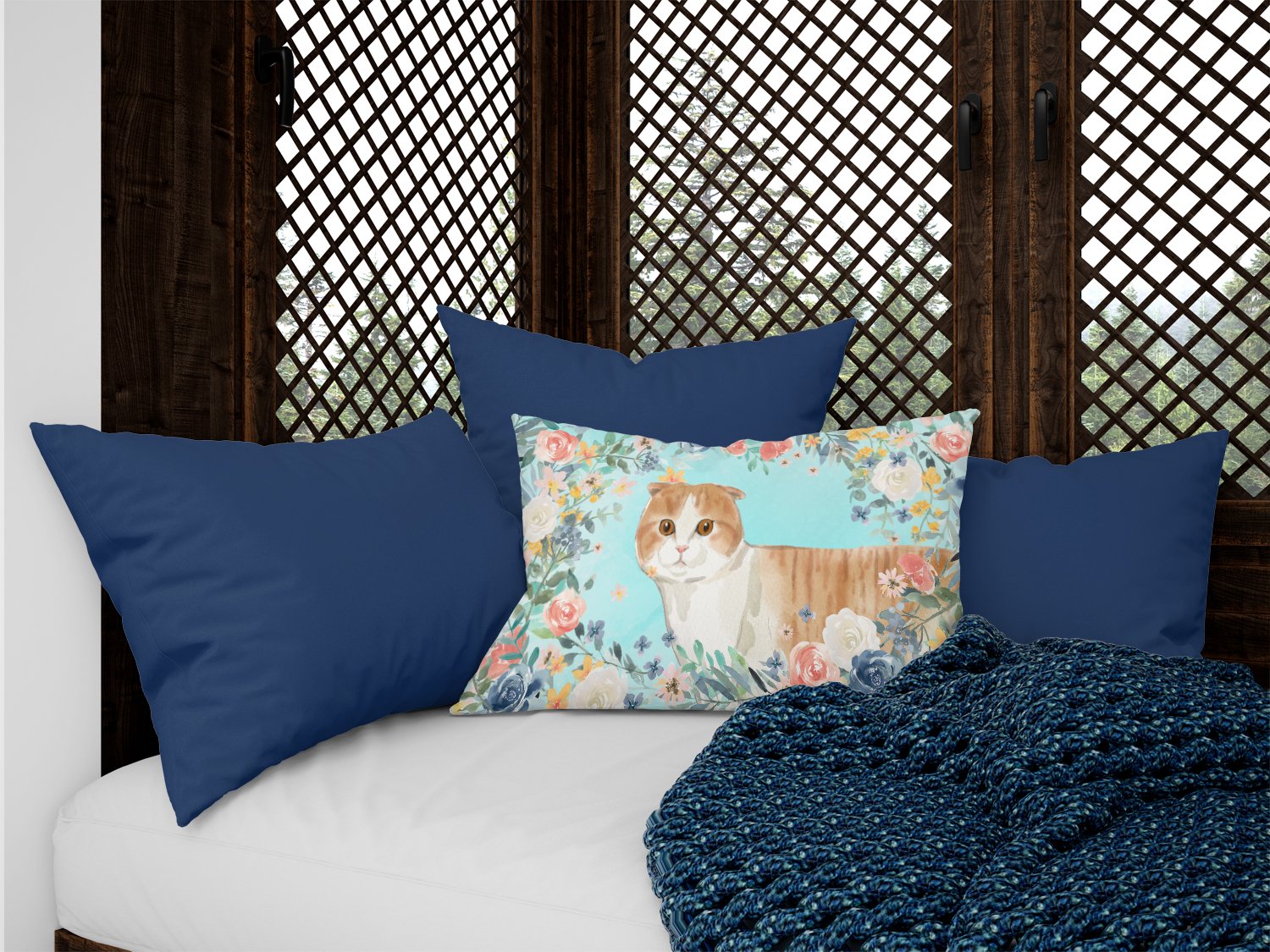 Scottish Fold Spring Flowers Decorative Throw Pillow 12x16 Indoor Outdoor Accent Cushion, Fabric Cover with Insert for Sofa, Bed, Porch & Living Room