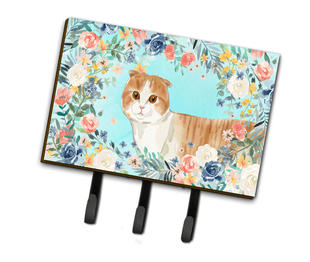Scottish Fold Spring Flowers Leash or Key Holder Wall Hooks, Coat Rack Wall Mount, for Hanging Keys, Towels, Aprons, Leashes