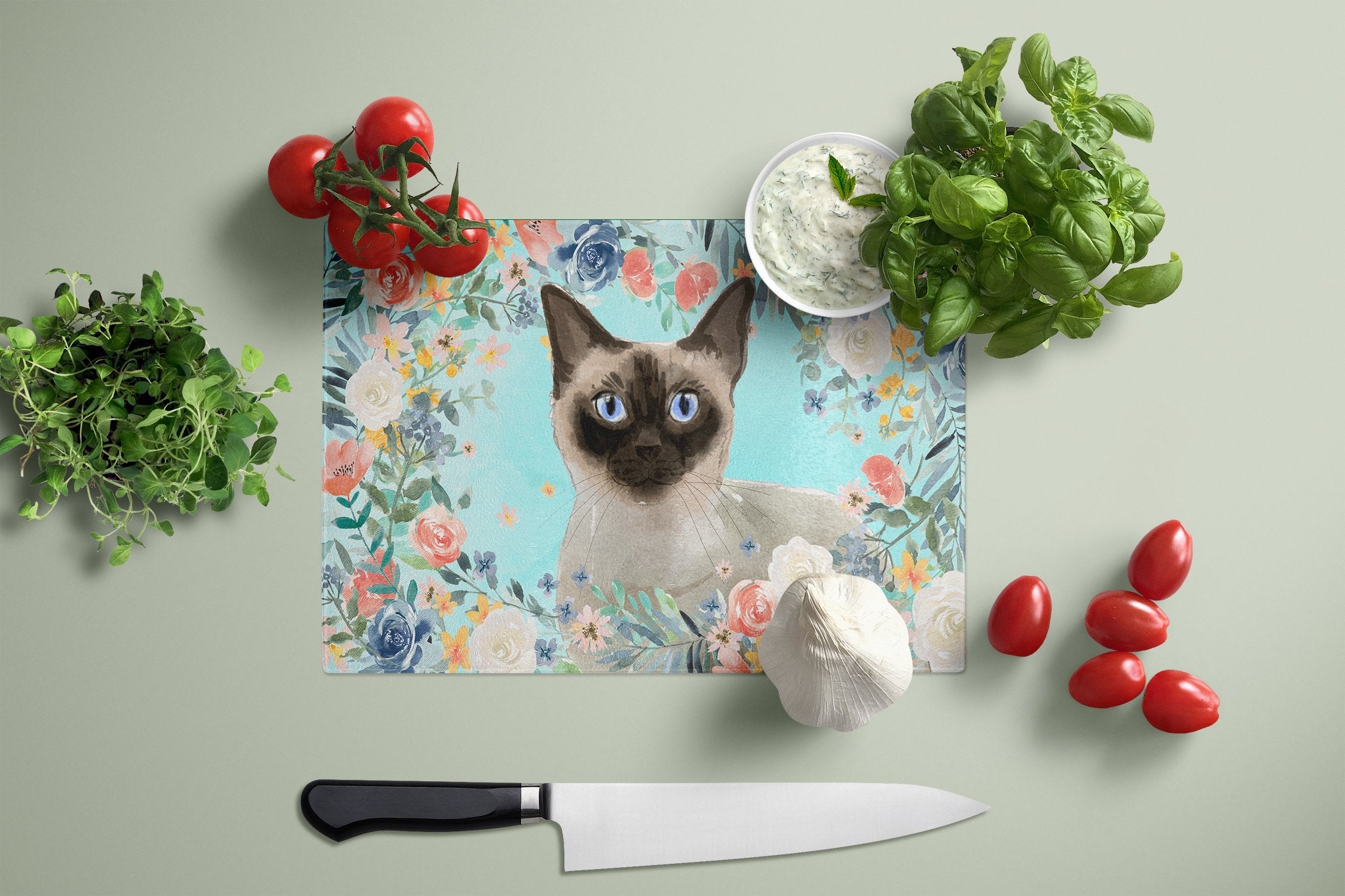 Siamese Spring Flowers Cutting Board Tempered Glass Kitchen Cutting Surface, Heat Resistant Chopping, Non-Slip Feet, Food Prep & Serving