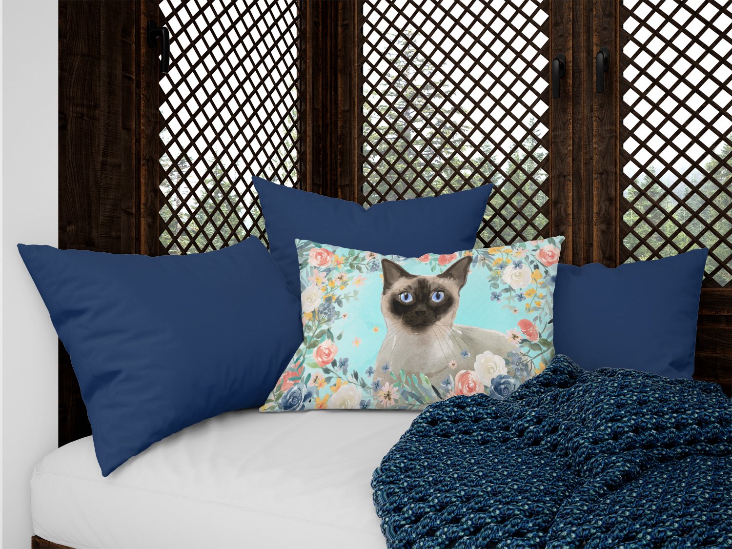 Siamese Spring Flowers Decorative Throw Pillow 12x16 Indoor Outdoor Accent Cushion, Fabric Cover with Insert for Sofa, Bed, Porch & Living Room