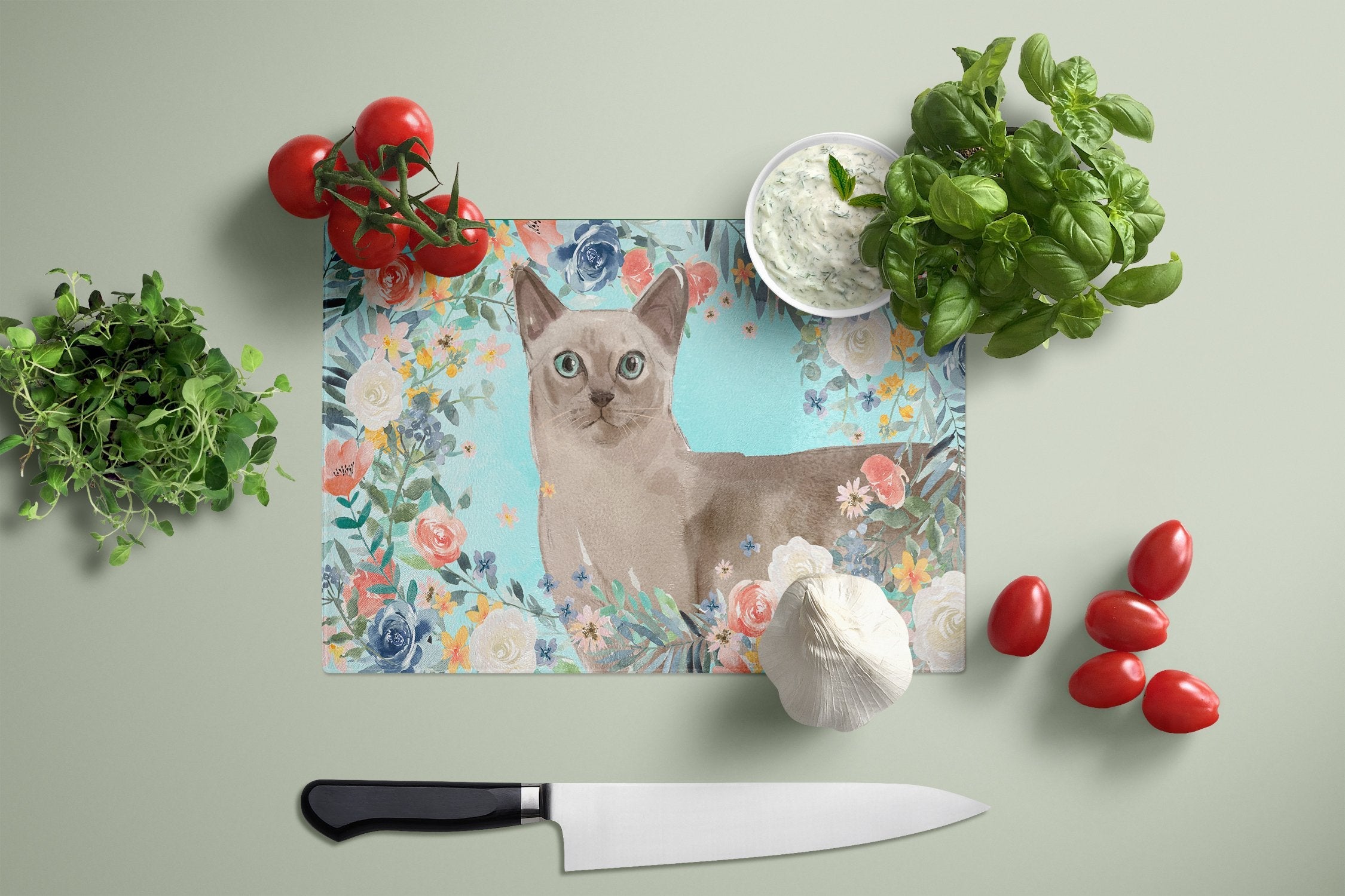 Tonkinese Spring Flowers Cutting Board Tempered Glass Kitchen Cutting Surface, Heat Resistant Chopping, Non-Slip Feet, Food Prep & Serving