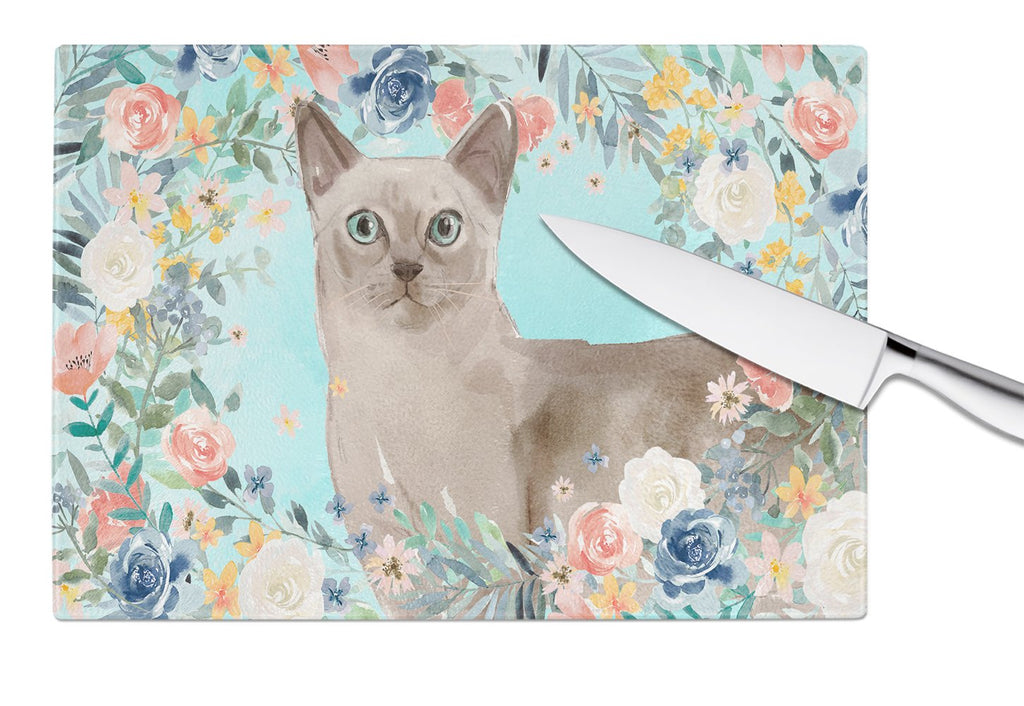 Tonkinese Spring Flowers Cutting Board Tempered Glass Kitchen Cutting Surface, Heat Resistant Chopping, Non-Slip Feet, Food Prep & Serving