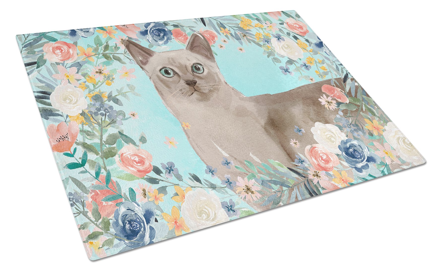 Tonkinese Spring Flowers Cutting Board Tempered Glass Kitchen Cutting Surface, Heat Resistant Chopping, Non-Slip Feet, Food Prep & Serving