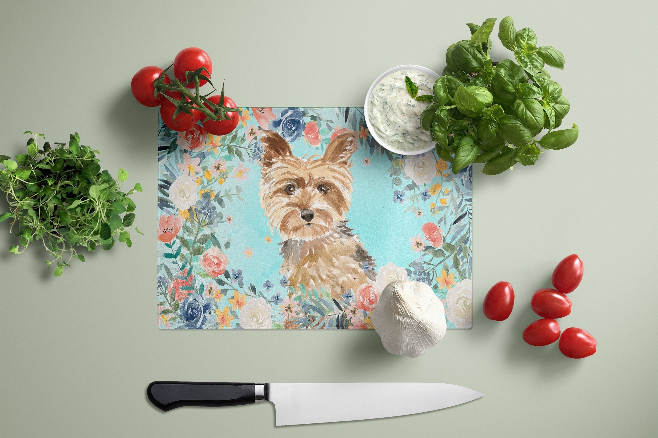 Yorkie Cutting Board Tempered Glass Kitchen Cutting Surface, Heat Resistant Chopping, Non-Slip Feet, Food Prep & Serving