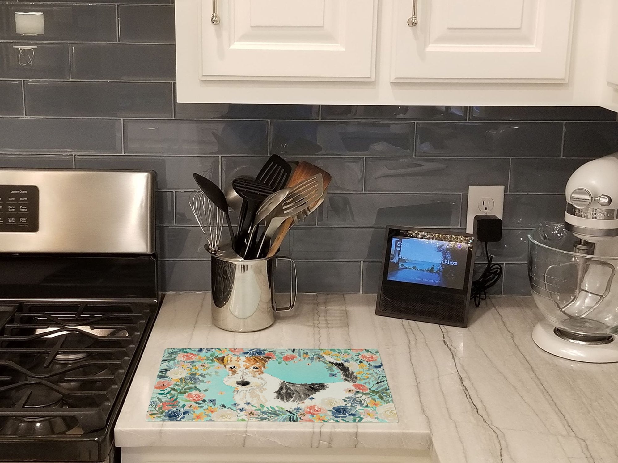Fox Terrier Cutting Board Tempered Glass Kitchen Cutting Surface, Heat Resistant Chopping, Non-Slip Feet, Food Prep & Serving