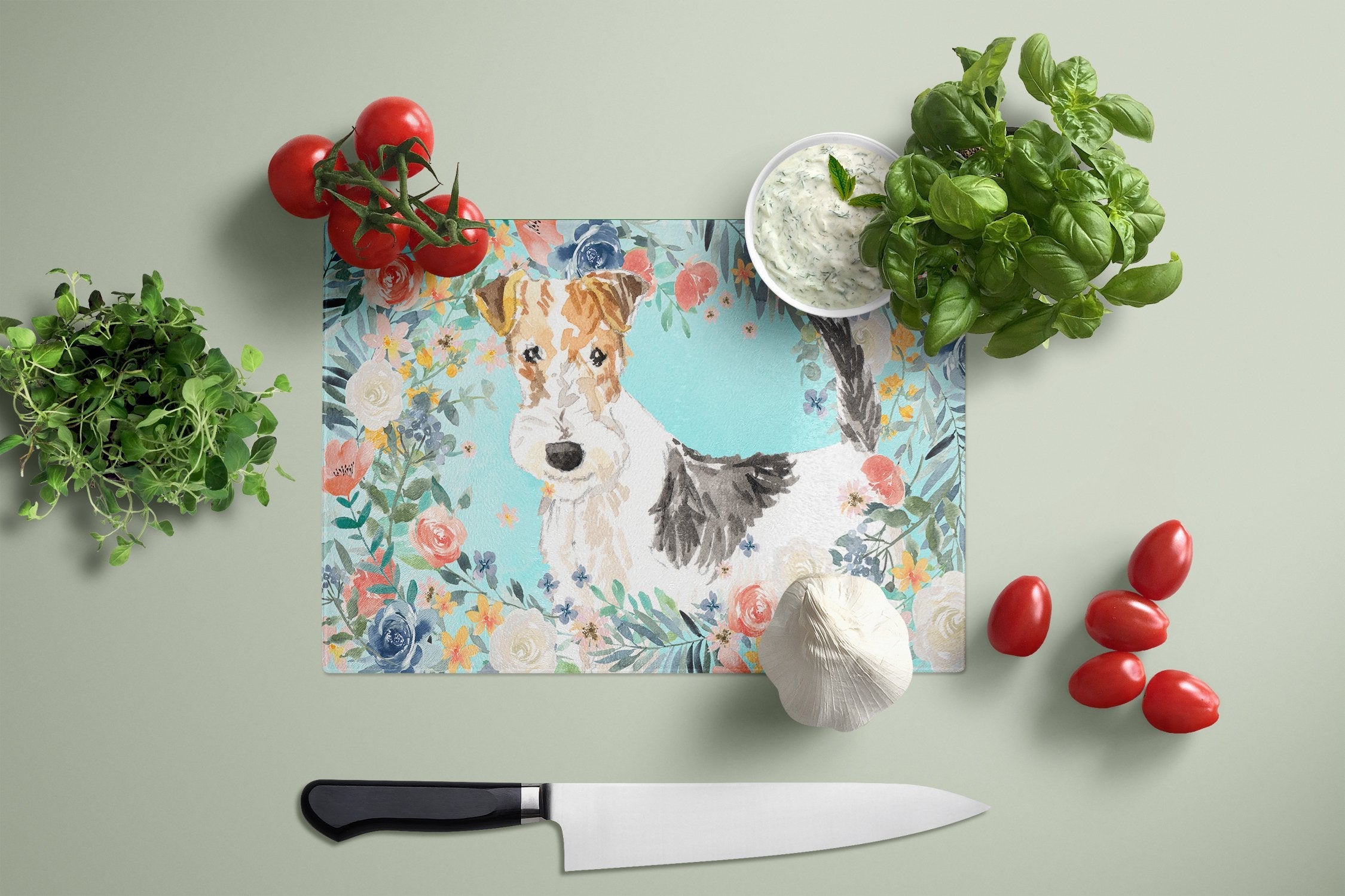 Fox Terrier Cutting Board Tempered Glass Kitchen Cutting Surface, Heat Resistant Chopping, Non-Slip Feet, Food Prep & Serving