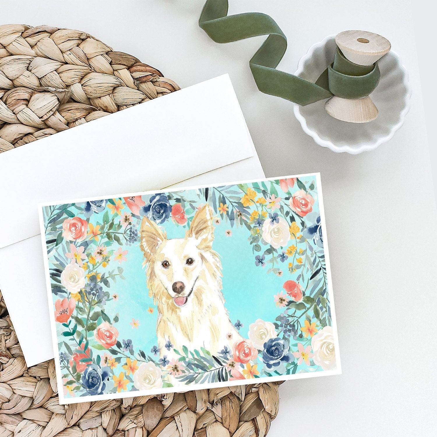 White Collie Greeting Cards Pack of 8 Blank Cards with Envelopes Whimsical A7 Size 5x7