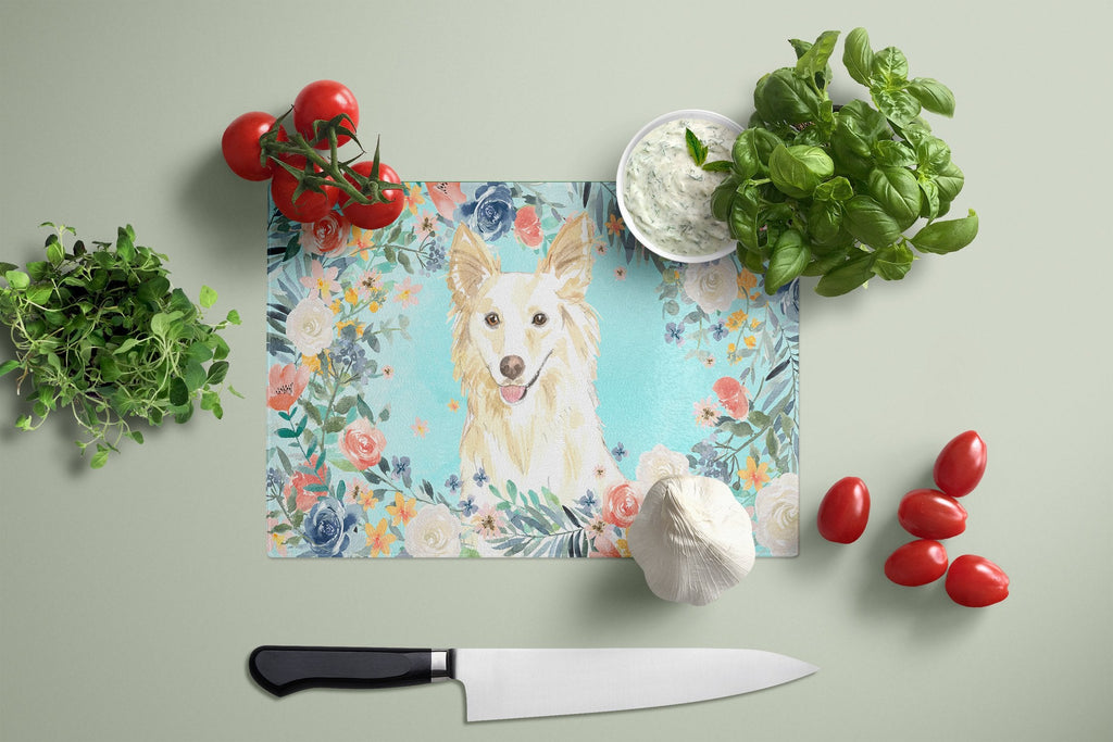 White Collie Cutting Board Tempered Glass Kitchen Cutting Surface, Heat Resistant Chopping, Non-Slip Feet, Food Prep & Serving
