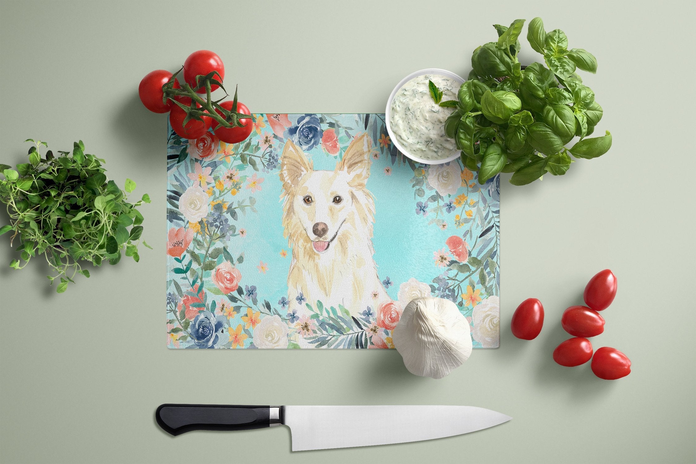 White Collie Cutting Board Tempered Glass Kitchen Cutting Surface, Heat Resistant Chopping, Non-Slip Feet, Food Prep & Serving