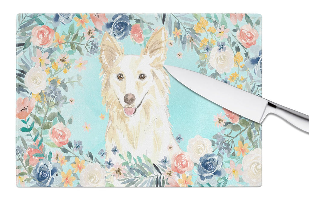 White Collie Cutting Board Tempered Glass Kitchen Cutting Surface, Heat Resistant Chopping, Non-Slip Feet, Food Prep & Serving
