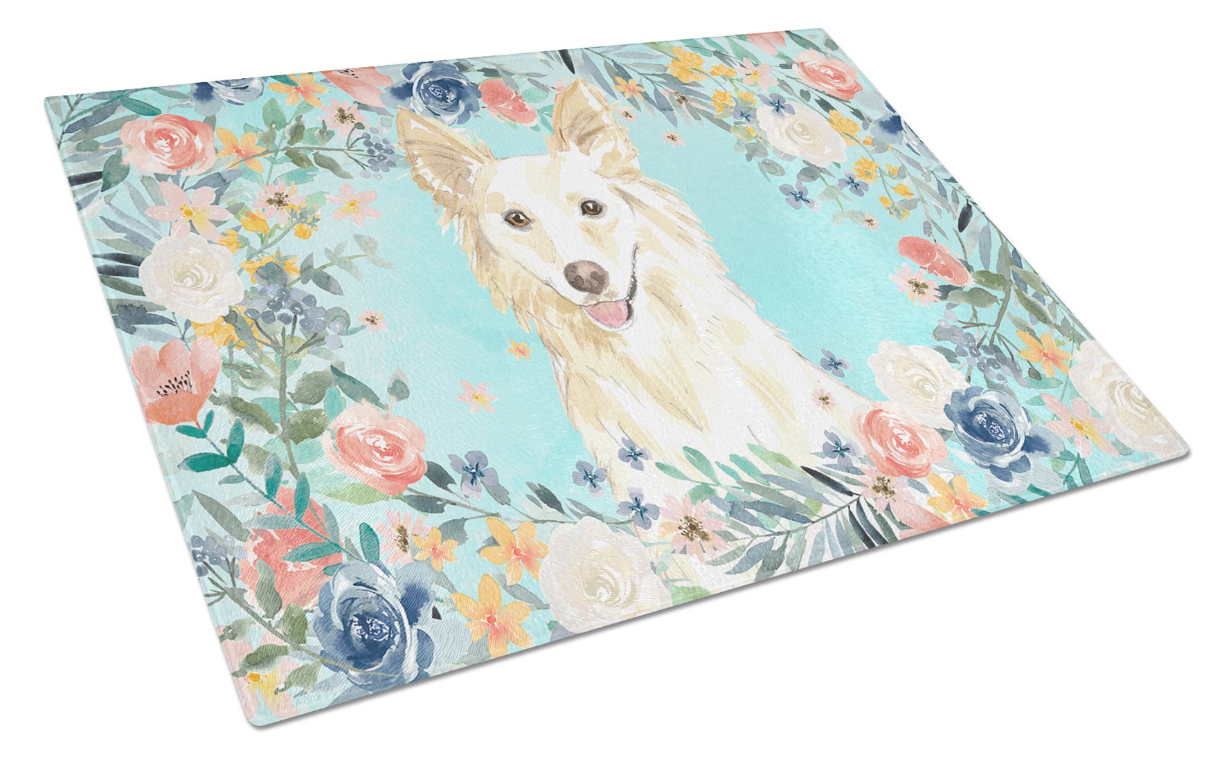 White Collie Cutting Board Tempered Glass Kitchen Cutting Surface, Heat Resistant Chopping, Non-Slip Feet, Food Prep & Serving