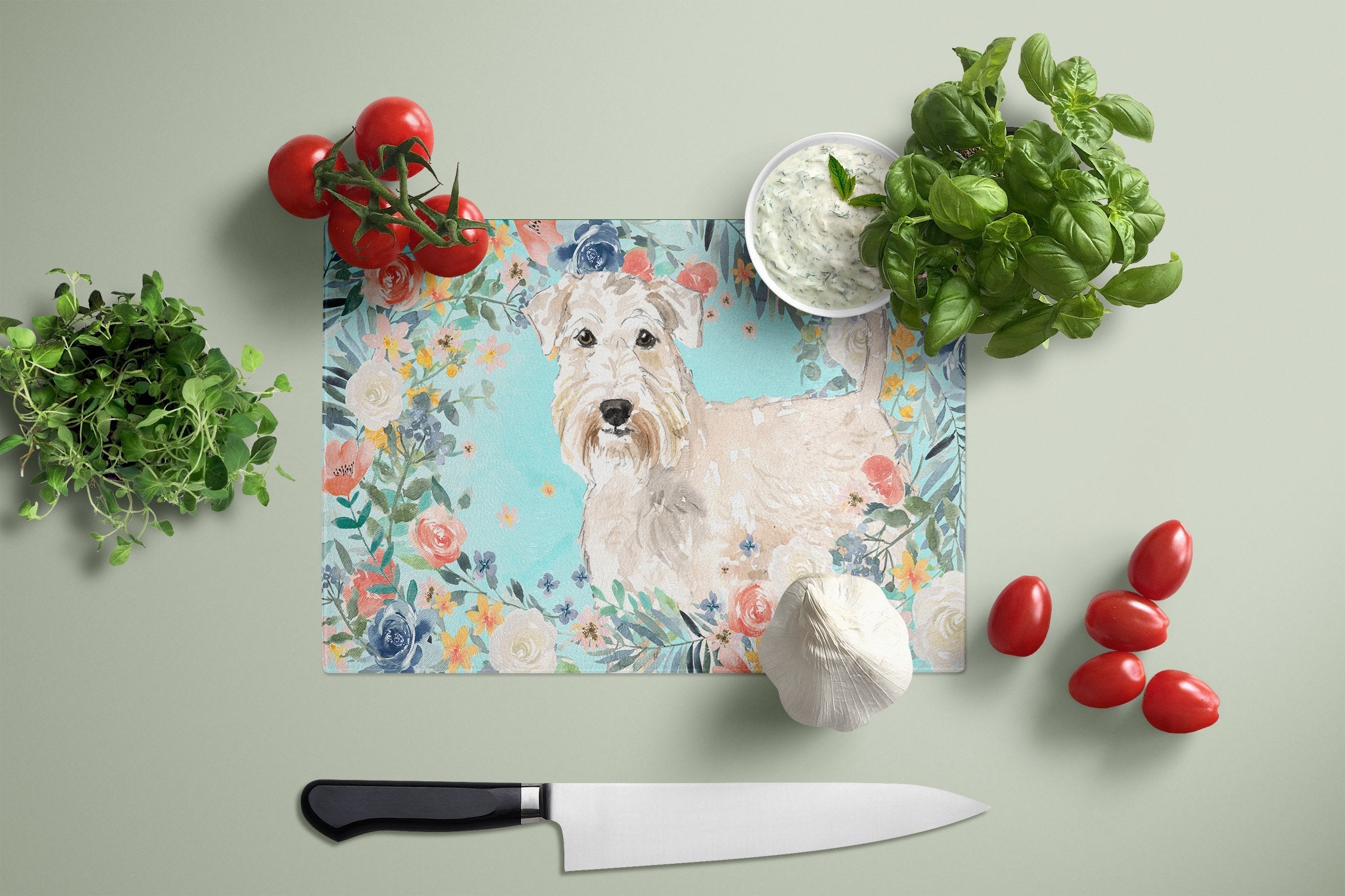 Wheaten Terrier Cutting Board Tempered Glass Kitchen Cutting Surface, Heat Resistant Chopping, Non-Slip Feet, Food Prep & Serving