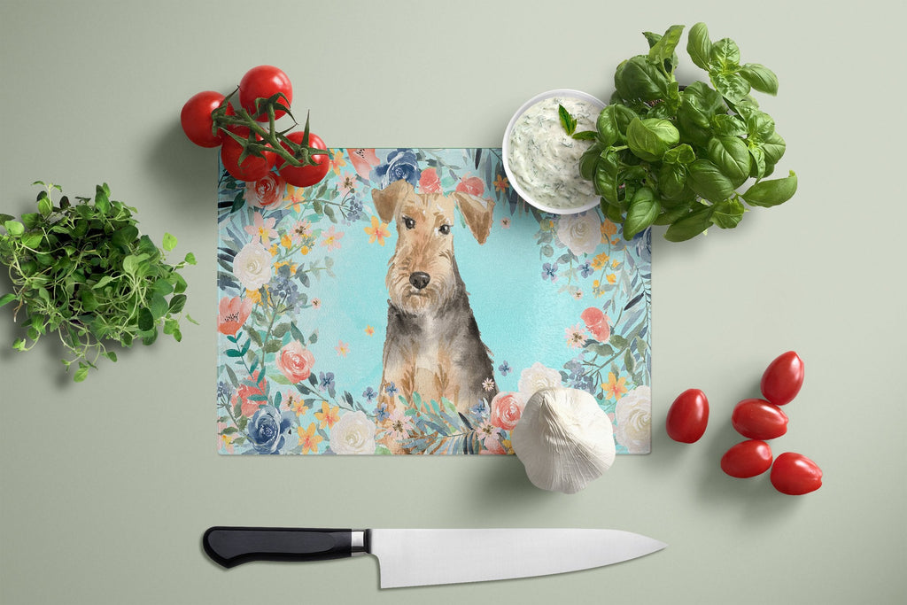 Airedale Terrier Cutting Board Tempered Glass Kitchen Cutting Surface, Heat Resistant Chopping, Non-Slip Feet, Food Prep & Serving