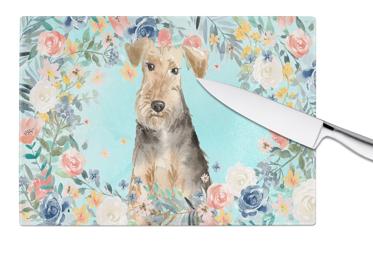 Airedale Terrier Cutting Board Tempered Glass Kitchen Cutting Surface, Heat Resistant Chopping, Non-Slip Feet, Food Prep & Serving