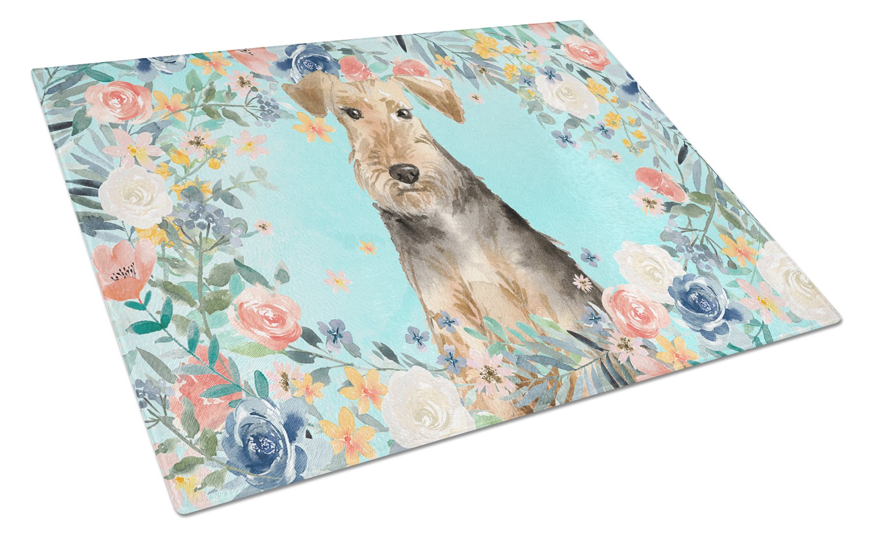 Airedale Terrier Cutting Board Tempered Glass Kitchen Cutting Surface, Heat Resistant Chopping, Non-Slip Feet, Food Prep & Serving