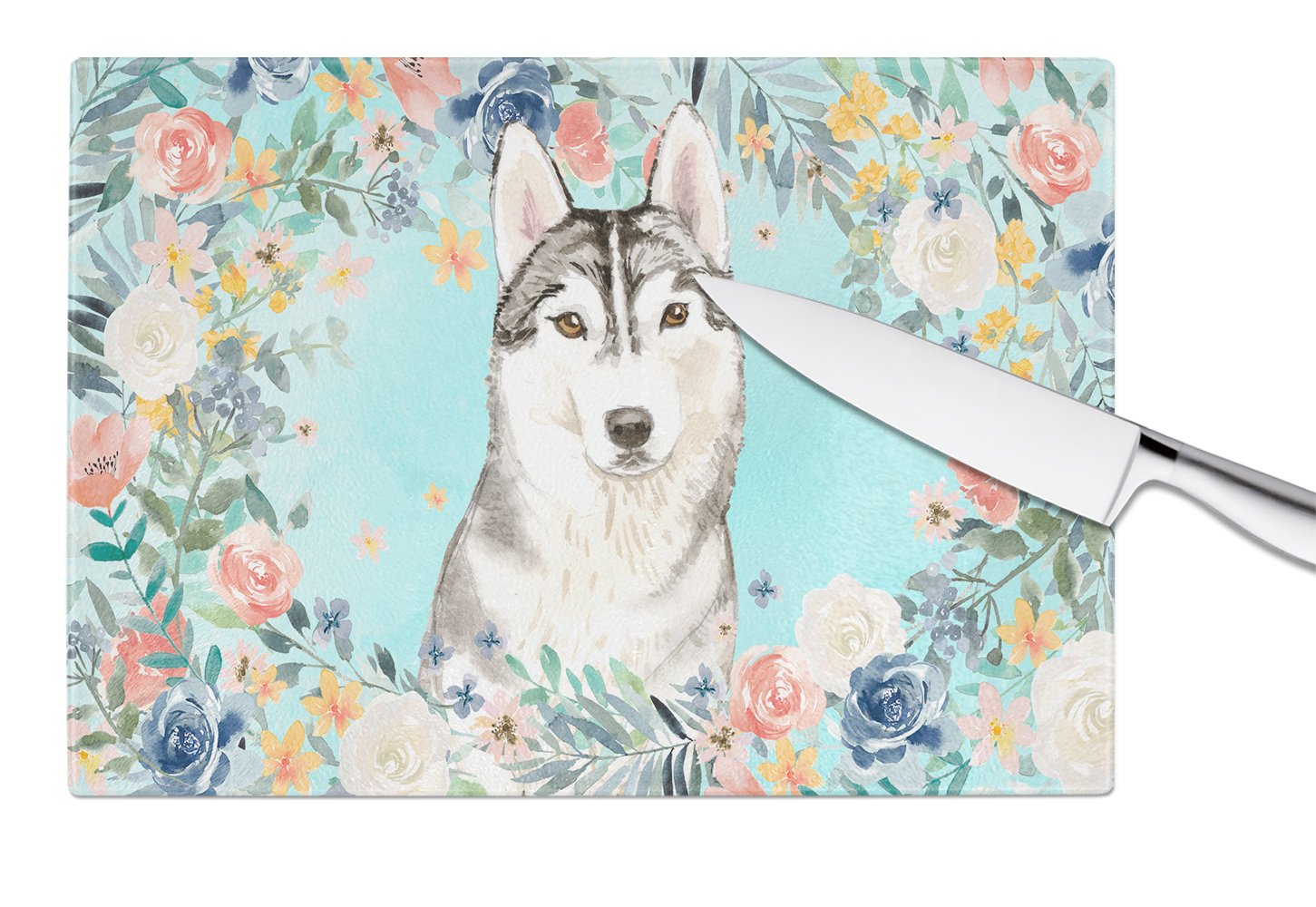Siberian Husky Cutting Board Tempered Glass Kitchen Cutting Surface, Heat Resistant Chopping, Non-Slip Feet, Food Prep & Serving