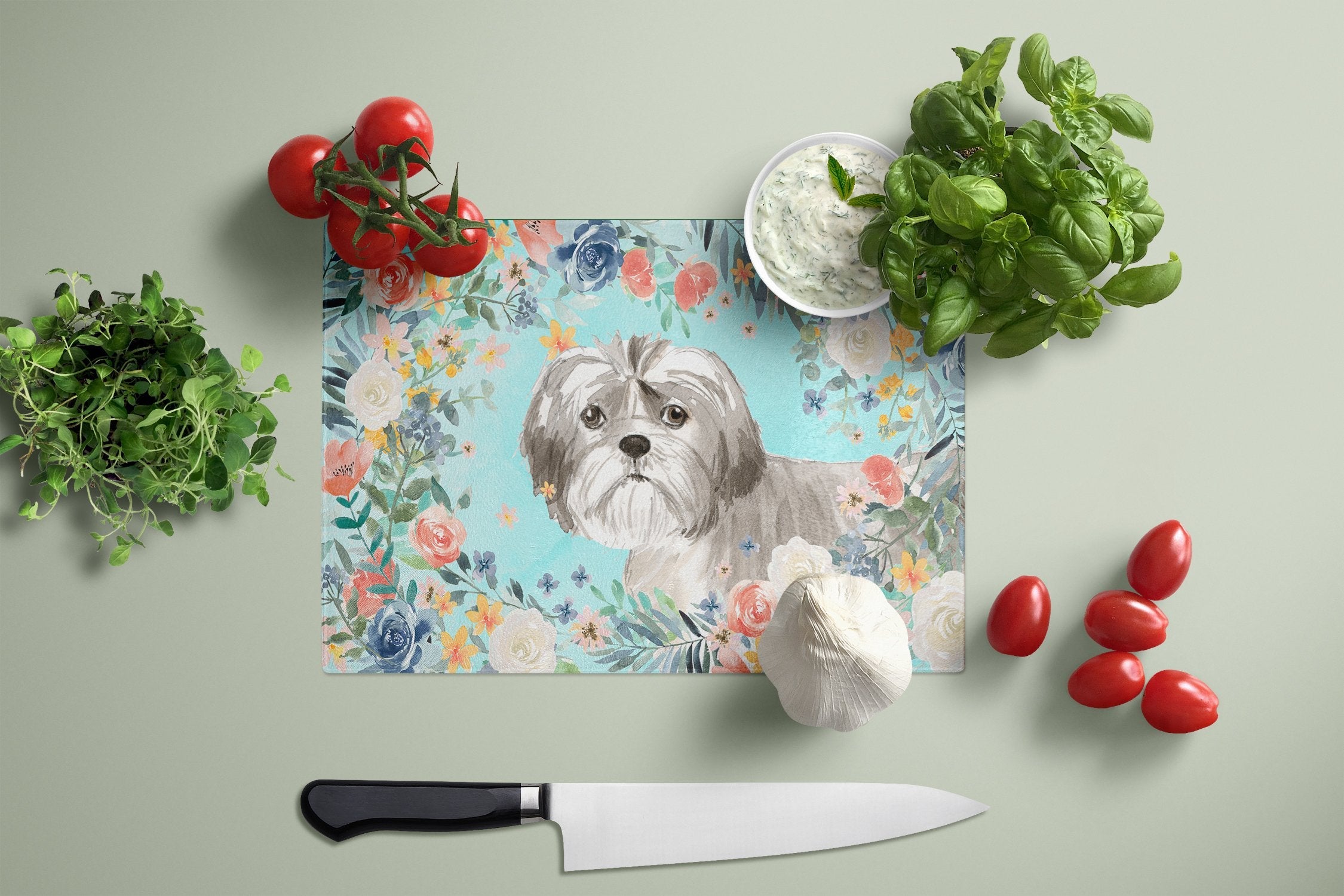 Shih Tzu Puppy Cutting Board Tempered Glass Kitchen Cutting Surface, Heat Resistant Chopping, Non-Slip Feet, Food Prep & Serving