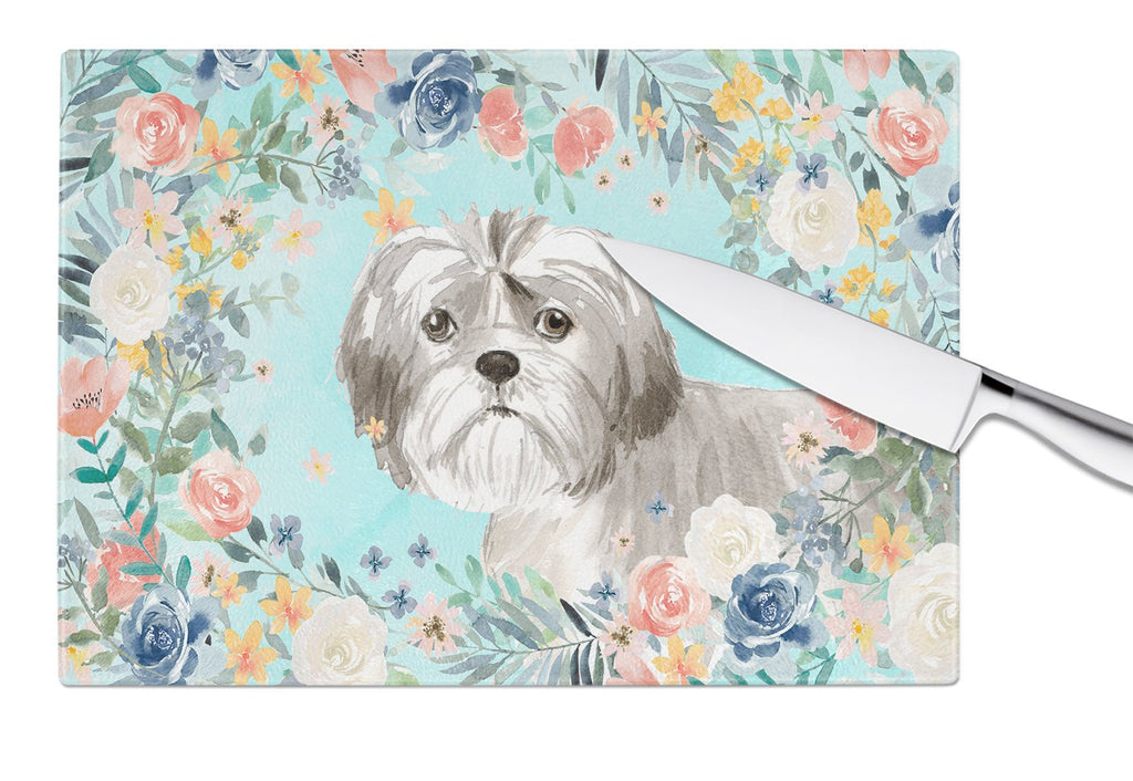 Shih Tzu Puppy Cutting Board Tempered Glass Kitchen Cutting Surface, Heat Resistant Chopping, Non-Slip Feet, Food Prep & Serving