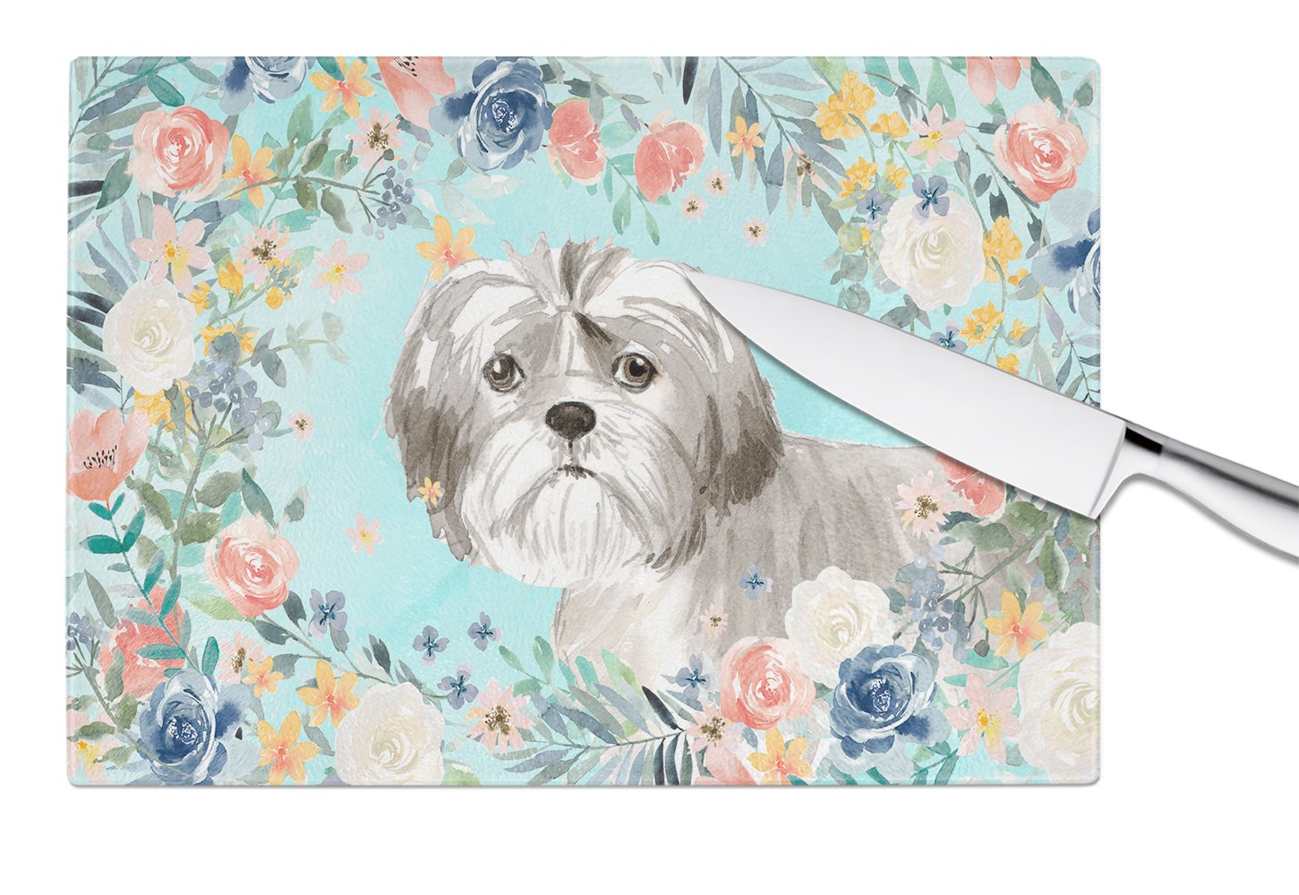 Shih Tzu Puppy Cutting Board Tempered Glass Kitchen Cutting Surface, Heat Resistant Chopping, Non-Slip Feet, Food Prep & Serving