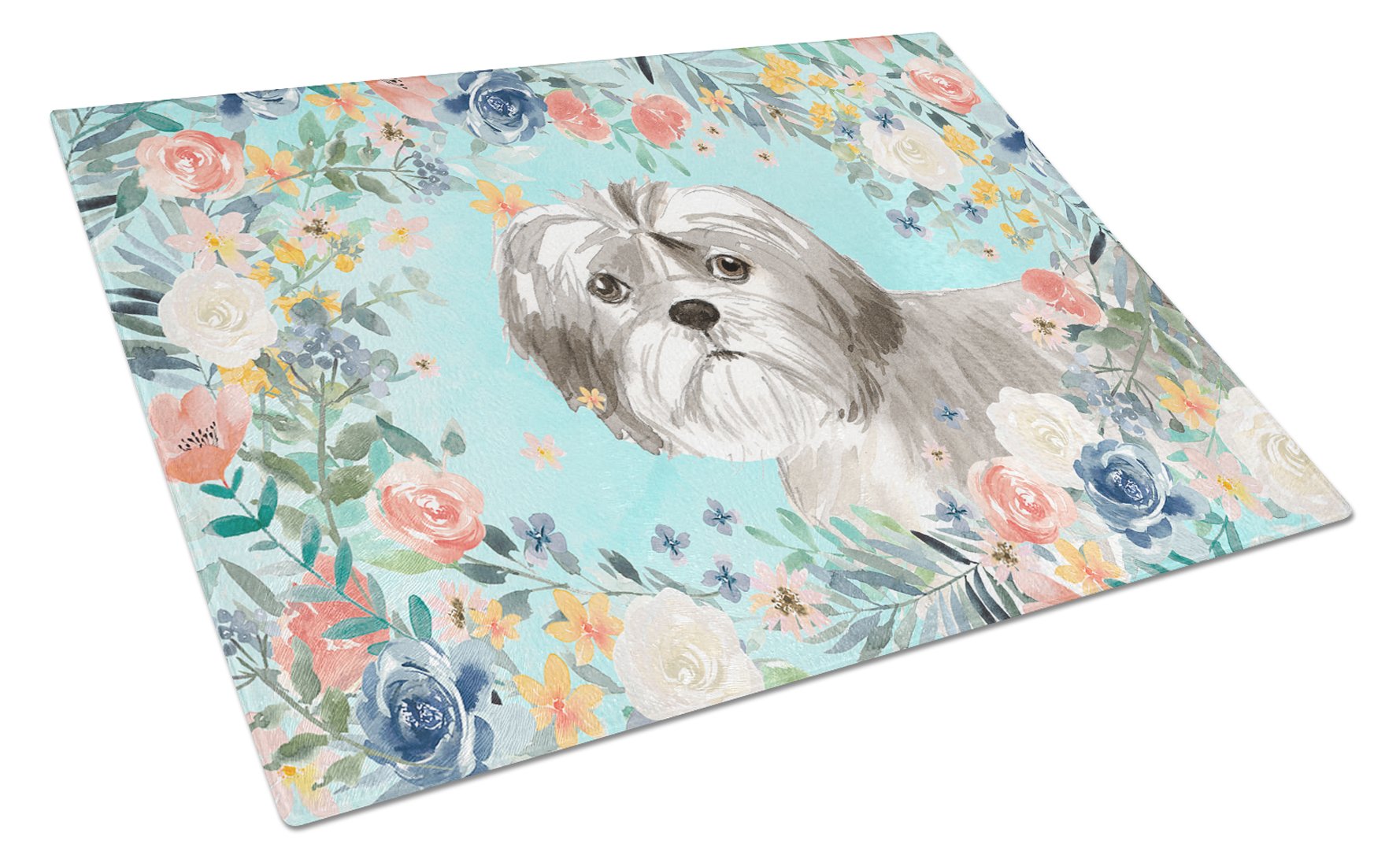 Shih Tzu Puppy Cutting Board Tempered Glass Kitchen Cutting Surface, Heat Resistant Chopping, Non-Slip Feet, Food Prep & Serving