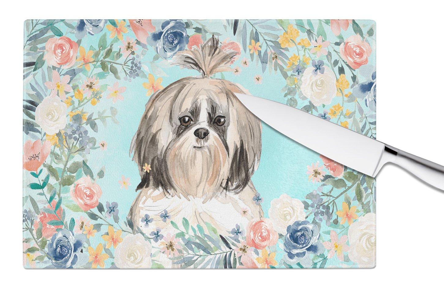 Shih Tzu Cutting Board Tempered Glass Kitchen Cutting Surface, Heat Resistant Chopping, Non-Slip Feet, Food Prep & Serving
