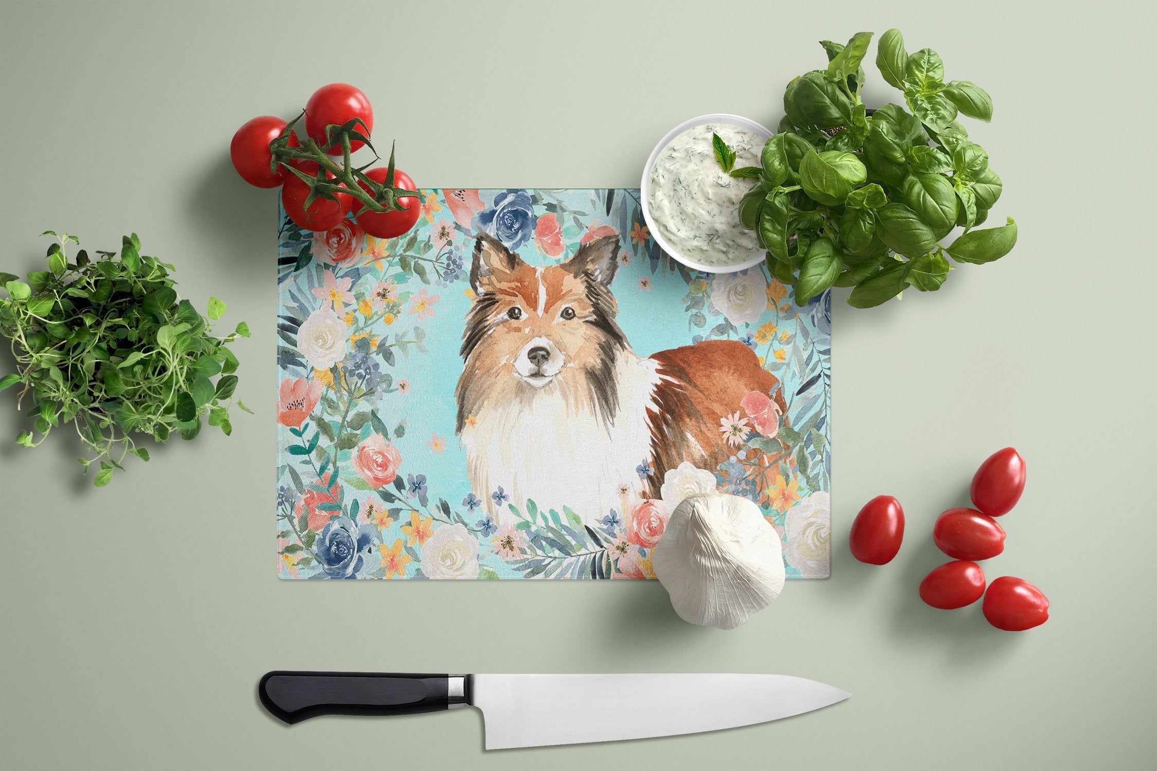 Sheltie Cutting Board Tempered Glass Kitchen Cutting Surface, Heat Resistant Chopping, Non-Slip Feet, Food Prep & Serving