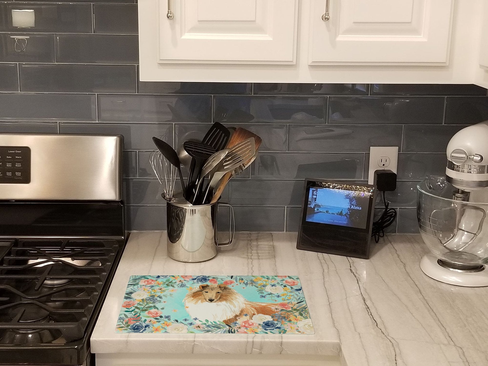 Collie Cutting Board Tempered Glass Kitchen Cutting Surface, Heat Resistant Chopping, Non-Slip Feet, Food Prep & Serving