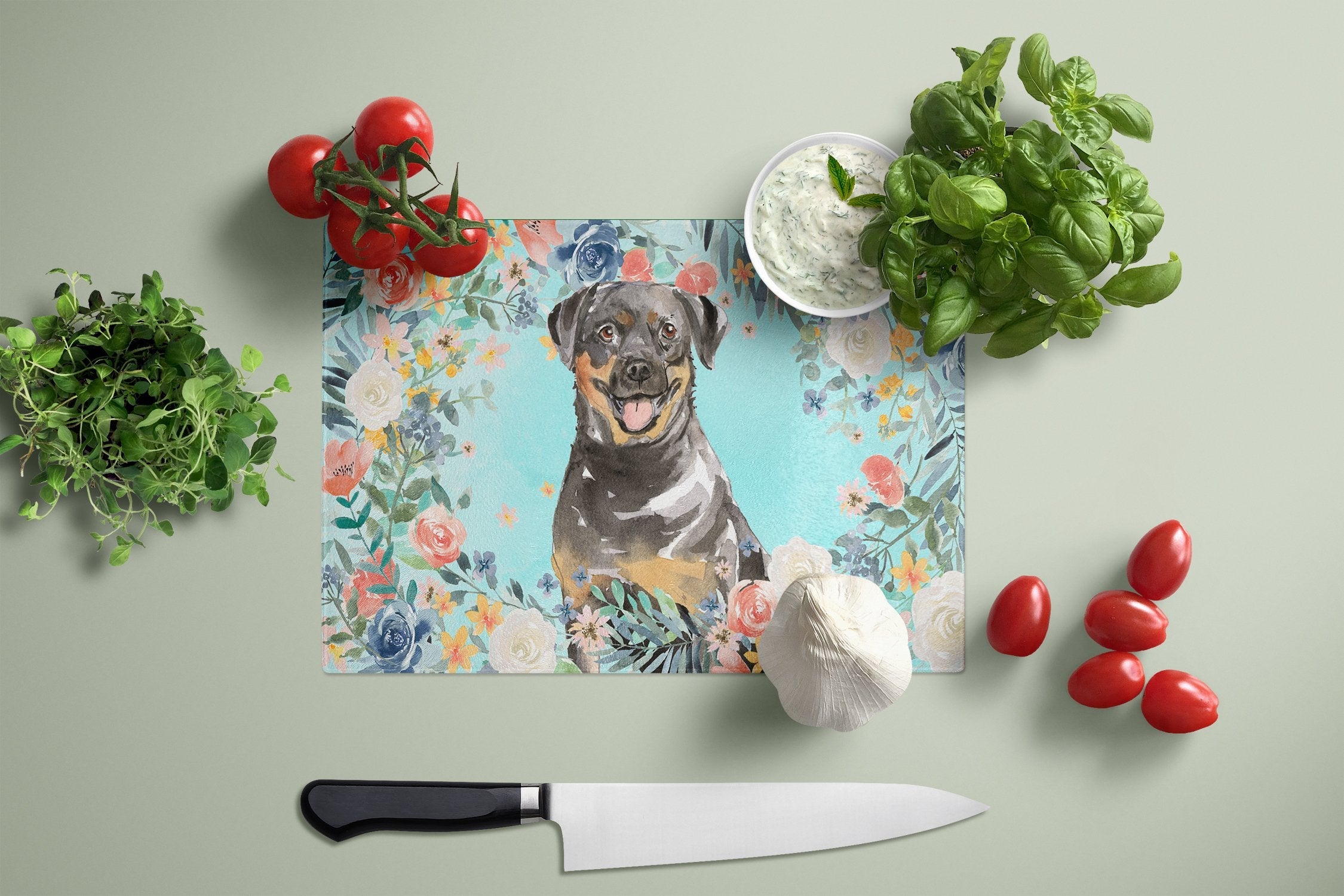 Rottweiler Cutting Board Tempered Glass Kitchen Cutting Surface, Heat Resistant Chopping, Non-Slip Feet, Food Prep & Serving