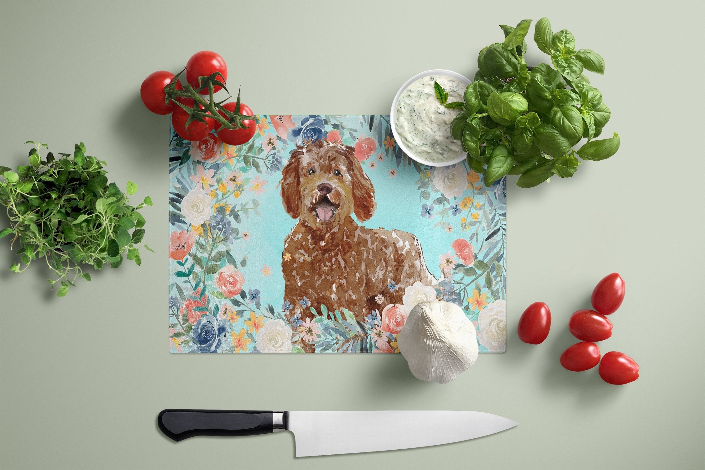 Labradoodle Cutting Board Tempered Glass Kitchen Cutting Surface, Heat Resistant Chopping, Non-Slip Feet, Food Prep & Serving