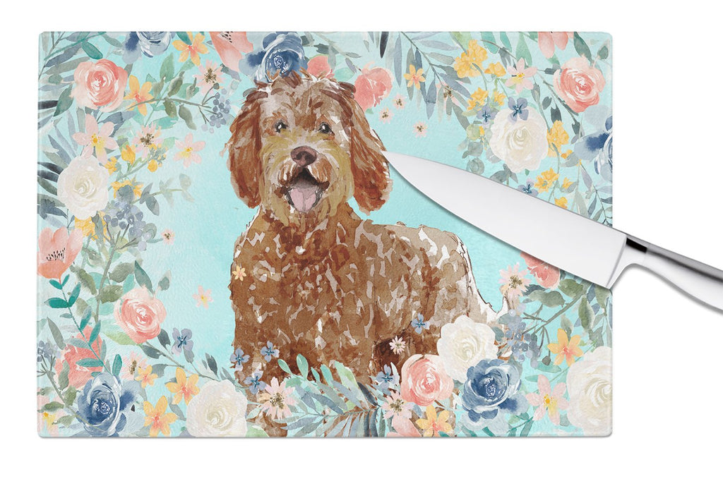 Labradoodle Cutting Board Tempered Glass Kitchen Cutting Surface, Heat Resistant Chopping, Non-Slip Feet, Food Prep & Serving