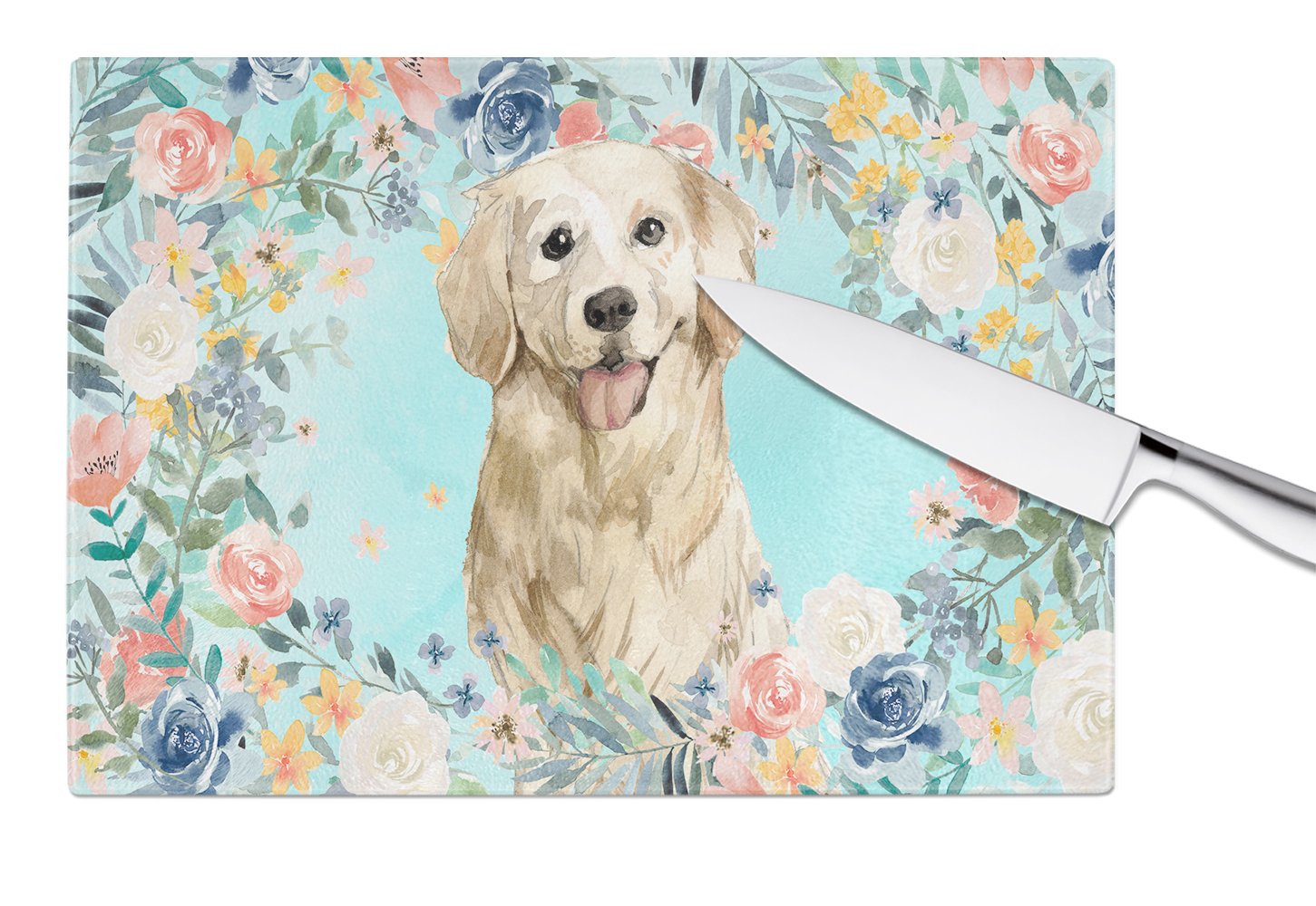 Golden Retriever Cutting Board Tempered Glass Kitchen Cutting Surface, Heat Resistant Chopping, Non-Slip Feet, Food Prep & Serving