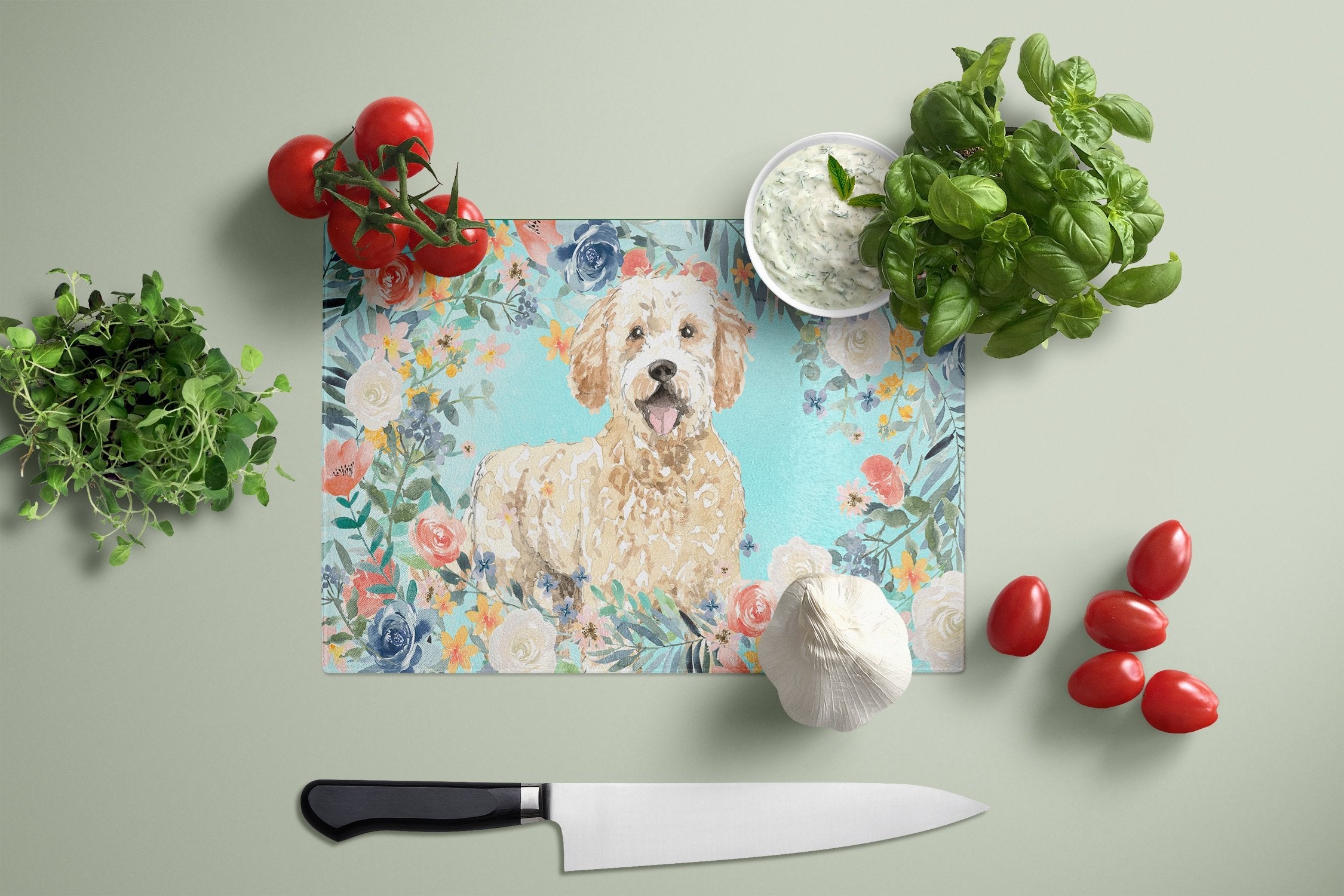 Goldendoodle Cutting Board Tempered Glass Kitchen Cutting Surface, Heat Resistant Chopping, Non-Slip Feet, Food Prep & Serving
