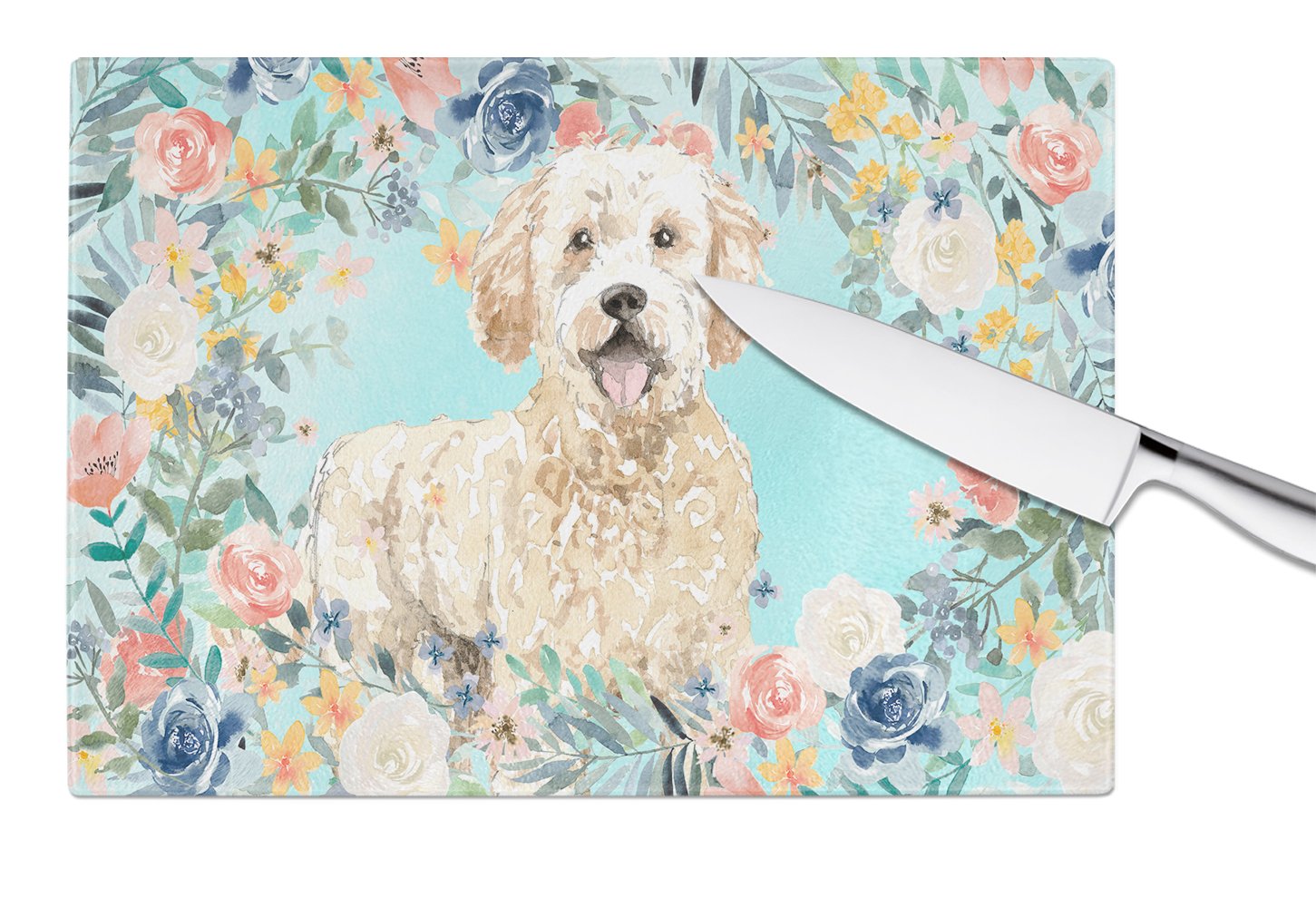 Goldendoodle Cutting Board Tempered Glass Kitchen Cutting Surface, Heat Resistant Chopping, Non-Slip Feet, Food Prep & Serving