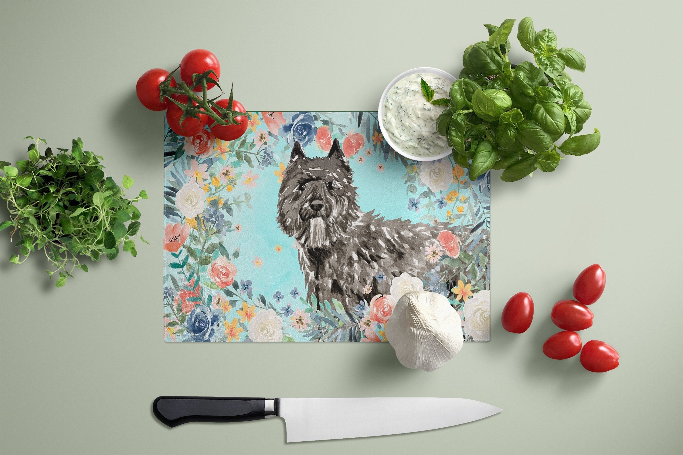 Bouvier des Flandres Cutting Board Tempered Glass Kitchen Cutting Surface, Heat Resistant Chopping, Non-Slip Feet, Food Prep & Serving